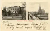Brevkort från tidigt 1900-tal adresserat till Ellen Sundberg på Norra Köpmangatan 8, Gävle. På baksidan daterat 21/9 1902. Bilder från Umeå, seminariet och kyrkan.