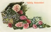 Gratulationskort i färg med blommotiv och tryckt text 
