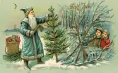 Julkort med motiv av en tomte som hugger gran framför några kikande barn. Tom baksida.