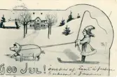 Julkort med svartvitt julmotiv, en gris med bjällra som drar ett barn på skidor. Text längst ner på framsidan och adress på baksidan.