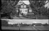 Kvinna och barn framför hus