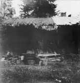 Bjursås, Falun. Liten parstuga med blybågar. Bakom stugan Bagg-granen.