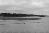 Panorama över timmernot på väg under Strömsunds hängbro. Fotot taget från hängbron.