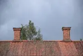 Exteriör från Nygårdsgården i Bingsjö. Den avbildade parstugan stod ursprungligen på annan plats i byn men flyttades omkring 1860–1861 till nuvarande plats som då var åkermark. Parstugans skorstenar har elegant avfasade hörn.