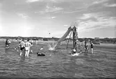 Vuxna och barn kring rutschbanan i vattnet vid Skummeslövsstrand. Några har simringar. På stranden står bilar parkerade.