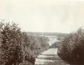Vy från en väg med utsikt över Älvkarleby kraftverk i bakgrunden, omkring 1906 (enligt text i album).