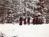 Ett sällskap med män och kvinnor på en promenadstig med skog i bakgrunden, troligen i Älvkarleby, omkring 1906 (enligt text i album).