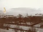 Vy över Uppsala med Uppsala slott i bakgrunden bakom molnen, omkring 1906 (enligt text i album).