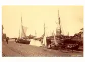 Varbergs hamn med fiskebåtar och fraktfartyg på 1880-talets första hälft, då Björsell var verksam i Varberg.