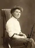 Ateljéporträtt av kvinna med påskriften Elsie Hansson 1912. H. Jönson hade enligt visitikortet sin fotoateljé på Kronobergsgatan 4 i Växjö. Bilderna F9385-F9389 kommer från ett visitkortsalbum med okänd proveniens.