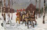 Julkort av tomtenissar på färd med häst och vagn. Julhälsning på baksidan från 