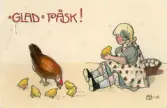 Påskkort med motiv av flicka och kycklingar. Text på framsidan 