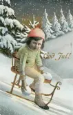 Julkort med motiv av ett barn påväg ner för backe täckt av snö på en spark-släde.