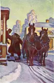 Brevkort med motiv av två män vid häst och vagn utanför byggnad i vinterlandskap. Ingen text på baksidan.