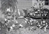 Födelsedagsfirande för fröken Bengtsson, Jobsons. Bild 1. Fröken Bengtsson i hemmiljö omgiven av ett mängd blomsterbuketter och en stor ormbunke. Bild 2: Fröken Bengtsson vid kaffebordet i sällskap av en kvinna.