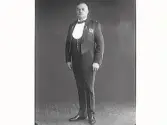 Signerat ateljéfotografi av Richard Jobson i helfigur, iförd frack dekorerad med medaljer (se även bildnr GB3_3813 och GB3_3814). Richard var konsul Robert Jobson och frun Emilys äldste son. Han utexaminerades från Kungliga Tekniska högskolan i Stockholm 1898. Då hade han även varit elev vid Uddevalla mekaniska verkstad 1893, vid Halmstads elektricitetsverk 1895 och stadsingenjörskontoret i Varberg 1897. Richard blev montageingenjör vid Boye & Thoresens Elektriska AB i Göteborg 1898; ingenjör hos Ernest Scott & Mountain Ltd i Newcastle upon Tyne 1899; byråingenjör vid Elektriska AB AEG i Stockholm 1900–1901; chef för Falu Elektriska Belysnings AB 1901–1905; verkställande direktör för Yngeredsfors Kraft AB i Göteborg 1905–1908, tillika elektrisk inspektör vid Stora Kopparbergs Bergslags AB i Falun 1903–1908 och chef för AEG Electrical Co. Ltd i Newcastle upon Tyne från 1908. Där blev han överstelöjtnant i engelska armén och efter första världskriget blev han chef för britternas elektriska och mekaniska anläggningar i dåvarande Mesopotamien, regionen Irak inom det Osmanska riket. Hans hustru Lisa dog där i Basra 1921.