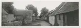 KLM 33992. Fotografi. 1 st sv/v fotografi från Borgehage, Räpplinge sn, Öland. På bilden syns en väg mellan två hus uppförda i en blandning av trä och kalksten. T v på bilden syns en stenmur. Längst bort i bild syns ett staket av trä.