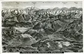 Brevkort med panoramavy över Karwendel och Wetterstein, två bergskedjor på gränsen mellan Tyskland och Österrike.