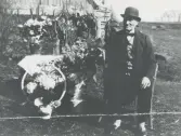 August Bengtsson (1855 - 1948) blir uppvaktad med blommor på sin 80-årsdag. I bakgrunden ses en byggnad samt ängsmark, Långåker 1:2 1935. Han var bror till Janne Ludvig. Gift 1881 med Anna Chatharina, änka på gården intill.