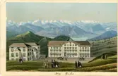 Litet handkolorerat souvenirkort med motiv av ett hotell vid Rigi Kulm (den högsta toppen vid det Schweisiska bergsmassivet Rigi). På bilden skymtas även Vierwaldstättersjön.